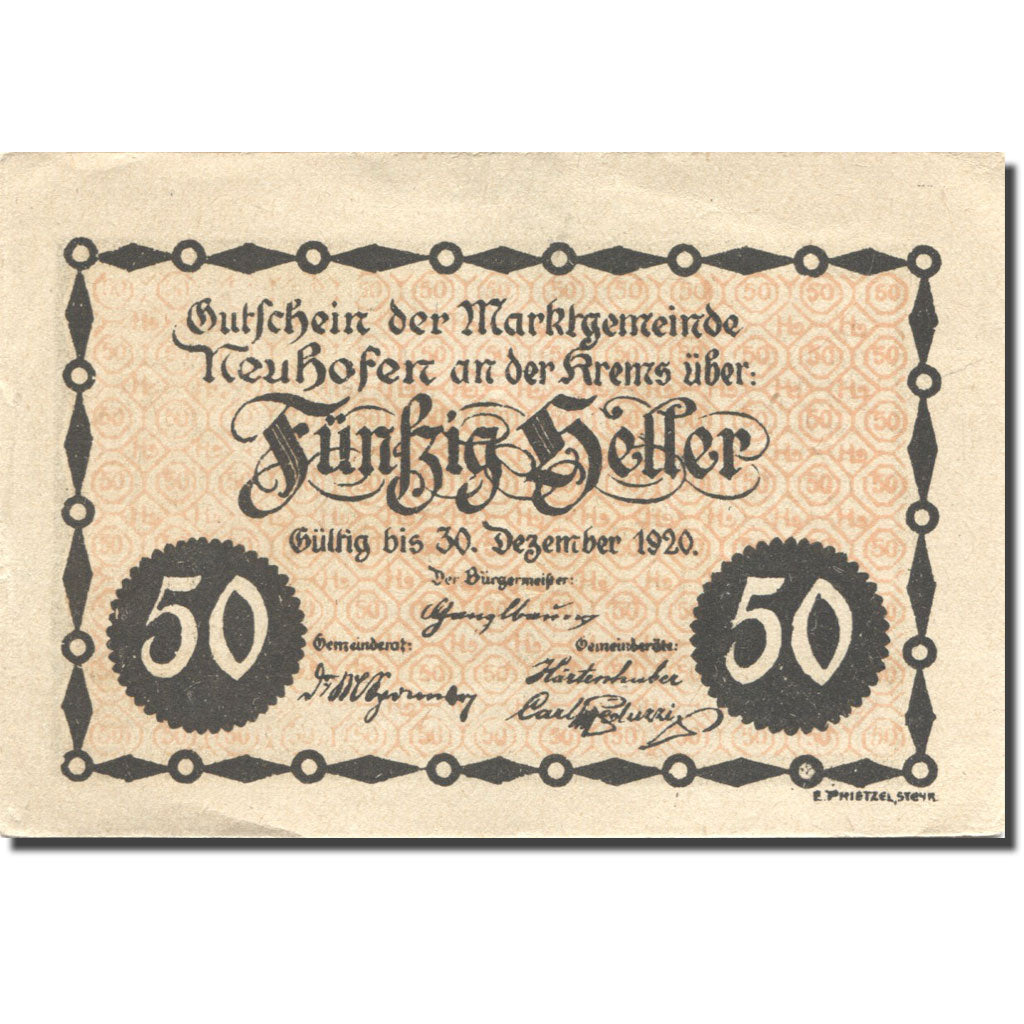 Billet, Autriche, Neuhofen, 50 Heller, village 1920-12-30, SUP Mehl:FS 648a
