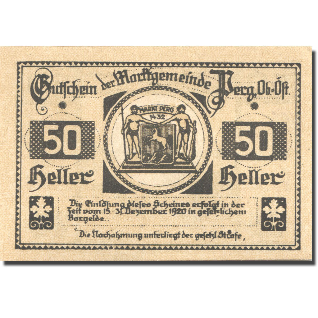 Banconote, Austria, Perg, 50 Heller, Blason, 1920, 1920-12-31, SPL, Mehl:FS 730I