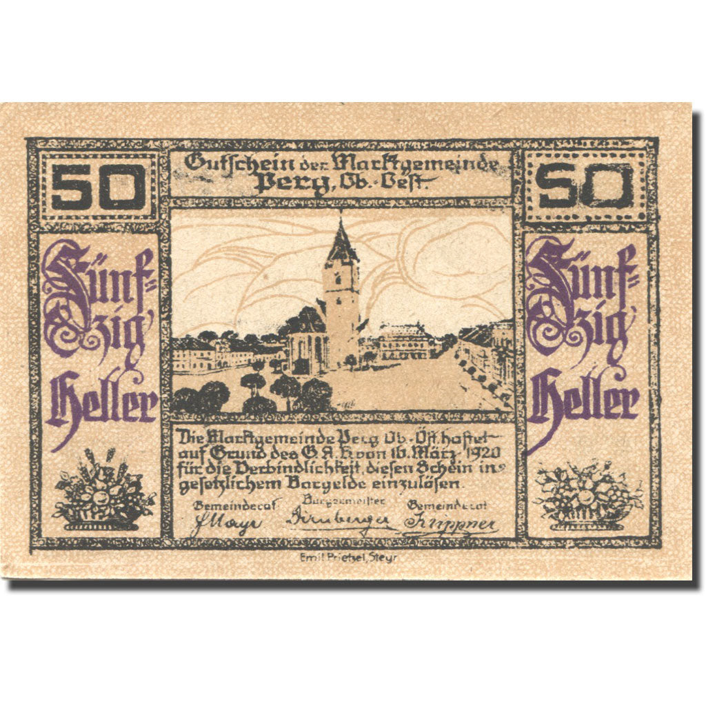Banconote, Austria, Perg, 50 Heller, Blason, 1920, 1920-12-31, SPL, Mehl:FS 730I