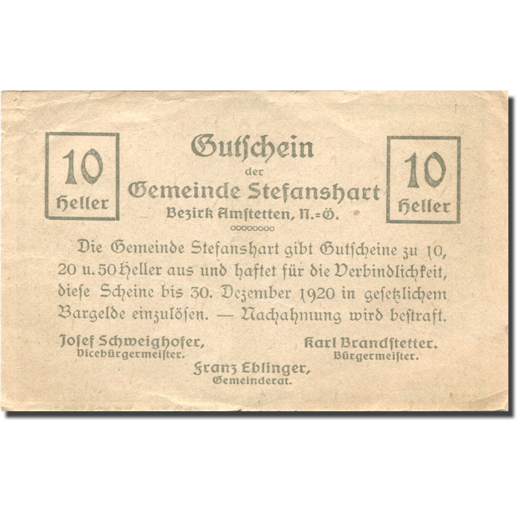 Banconote, Austria, Stefanshart, 10 Heller, Eglise, 1920 SPL- Mehl:FS 1013a