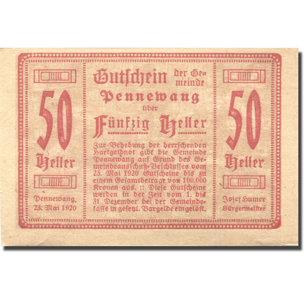 Banconote, Austria, Pennewang, 50 Heller, village, 1920 SPL Mehl:FS 727b