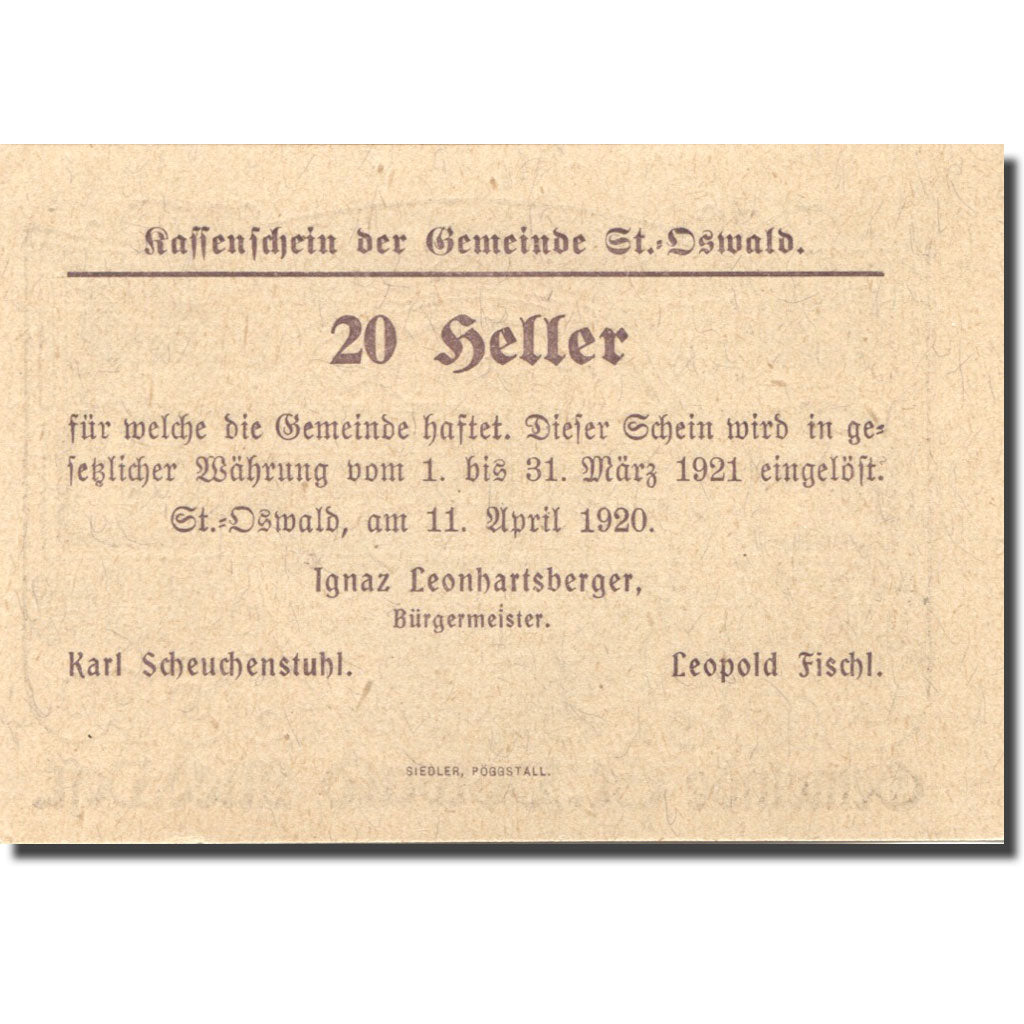 Banconote, Austria, St Oswald, 20 Heller, Eglise 1921-03-31, SPL Mehl:FS 915a