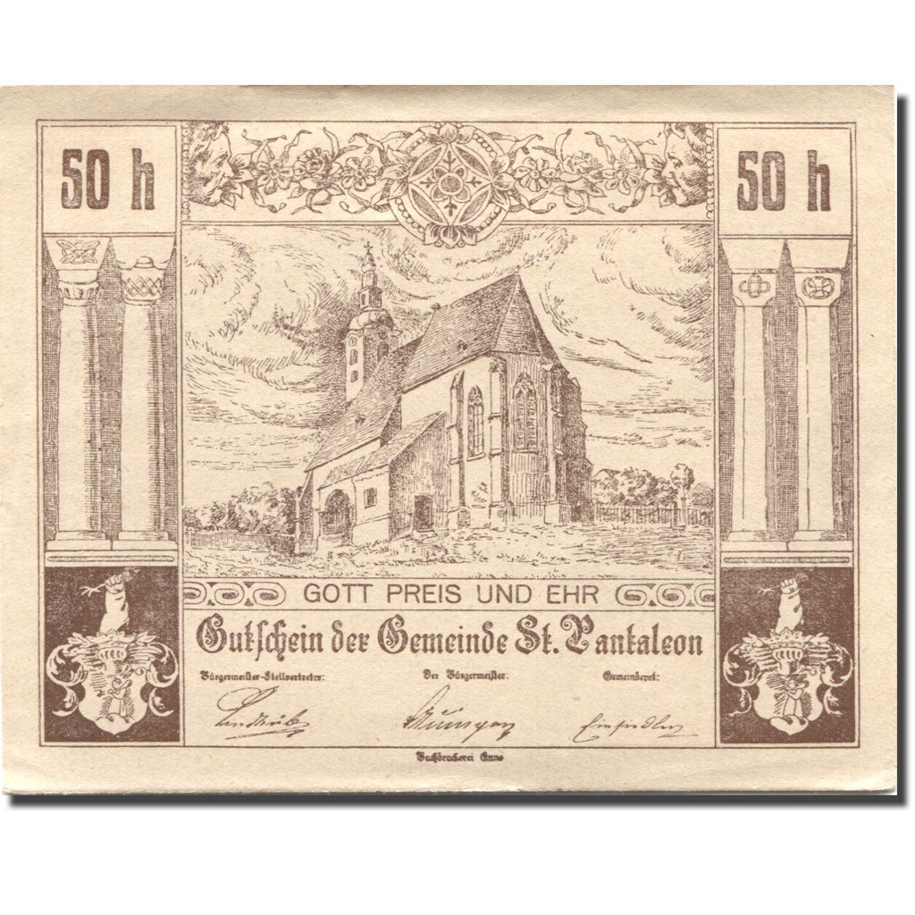 Banconote, Austria, St Pantaleon, 50 Heller, Eglise, 1920 SPL Mehl:FS 920a