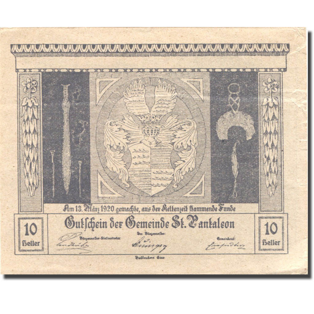 Banconote, Austria, St Pantaleon, 10 Heller, Blason, 1920 SPL- Mehl:FS 920a