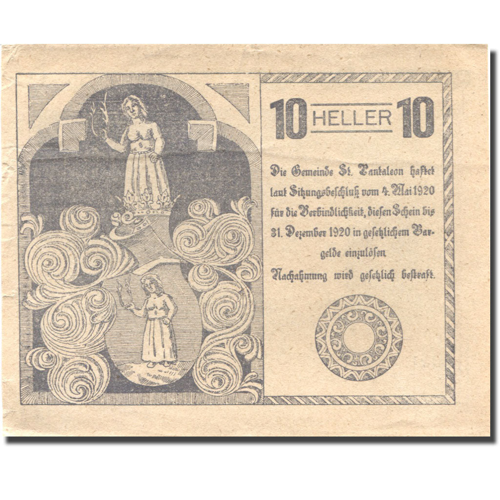 Banconote, Austria, St Pantaleon, 10 Heller, Blason, 1920 SPL- Mehl:FS 920a