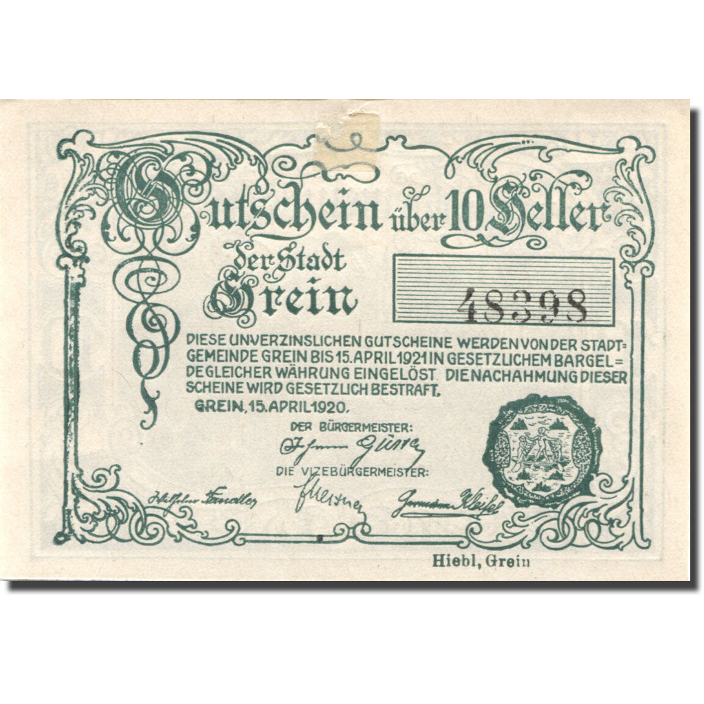 Billet, Autriche, Grein, 10 Heller, village, 1920-12-31, SPL Mehl:FS 276IIIa