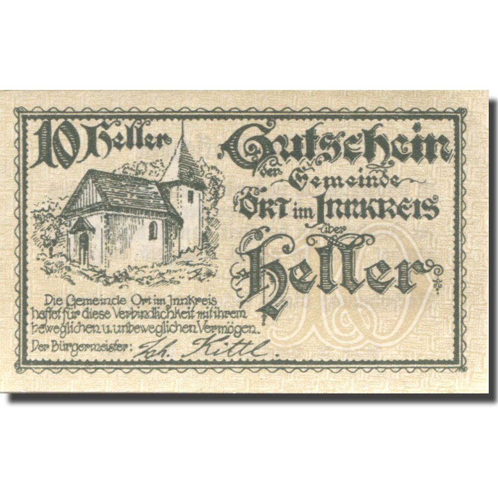 Nota, Áustria, Ort im Innkreis, 10 Heller, Eglise, 1920 UNC(63) Mehl:FS 711a