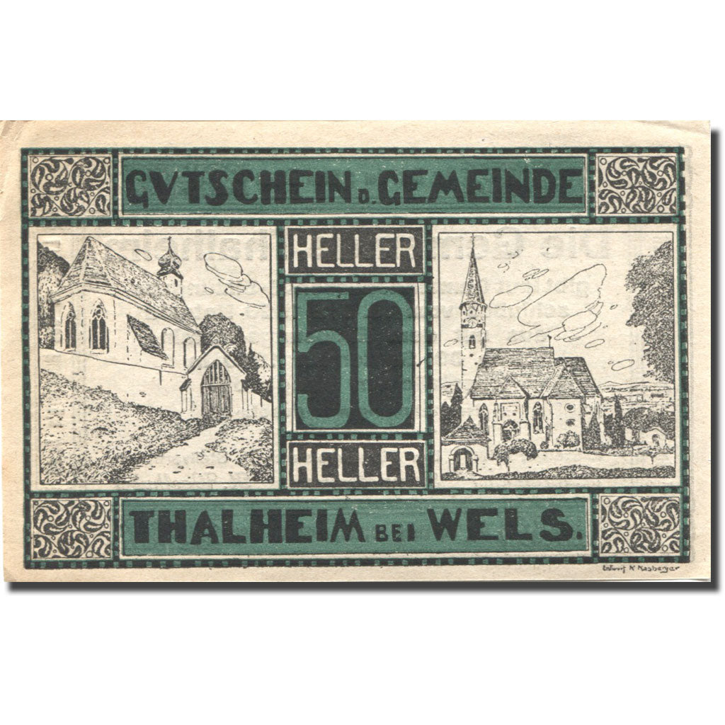 Geldschein, Österreich, Thaleim bei Wels, 50Heller, Eglise 1920 UNZ Mehl:FS 1066