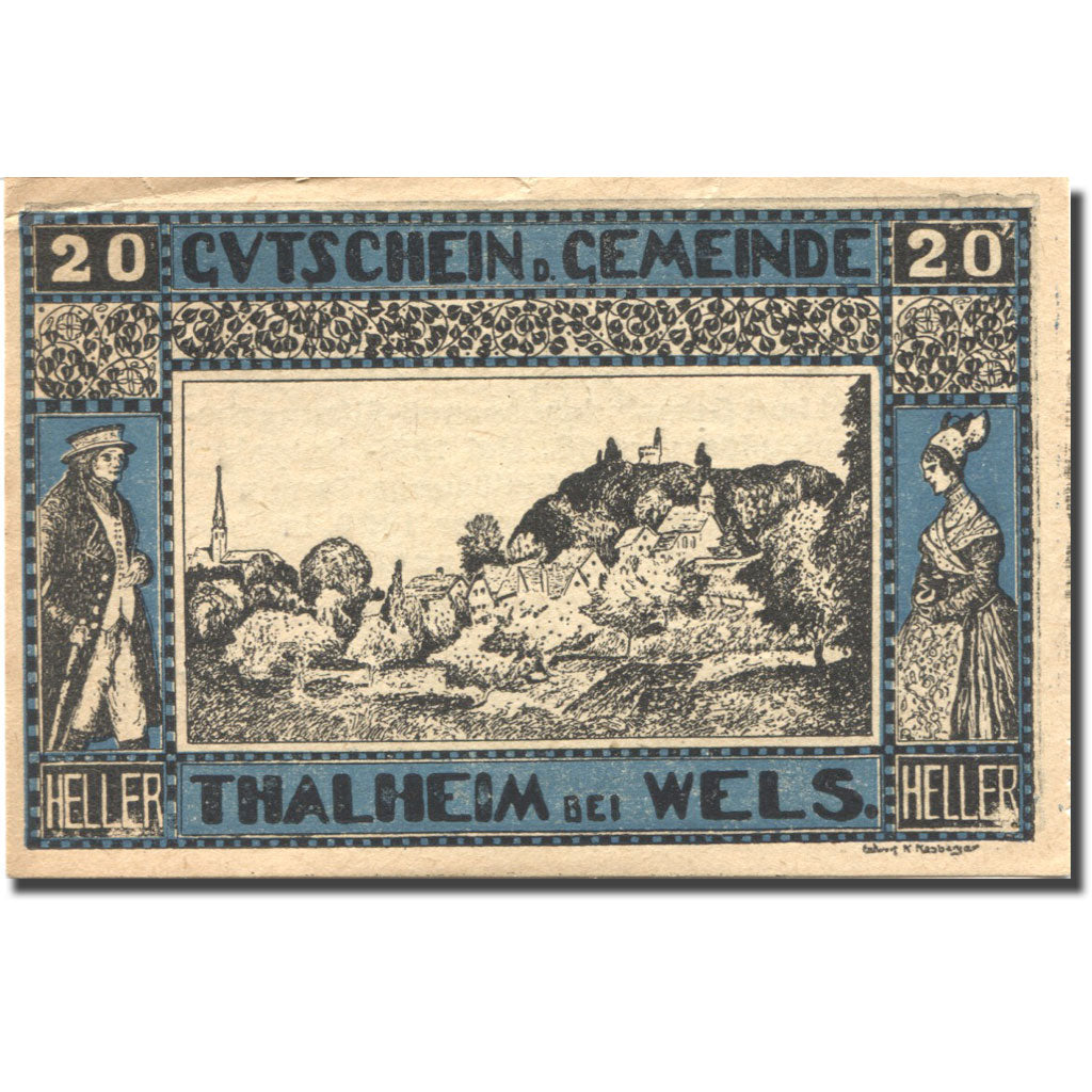 Nota, Áustria, Thalheim bei Wels, 20 Heller, paysage, 1920 SUP Mehl:FS 1066