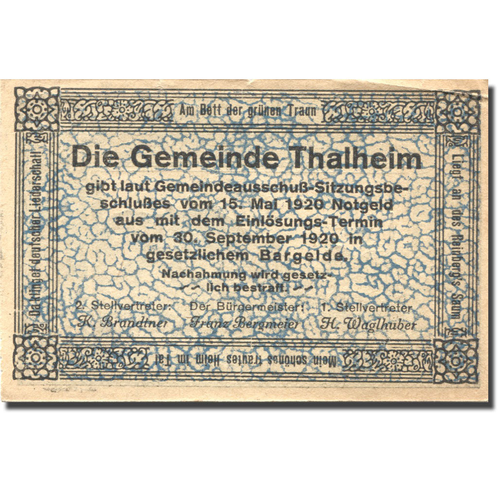 Nota, Áustria, Thalheim bei Wels, 20 Heller, paysage, 1920 SUP Mehl:FS 1066