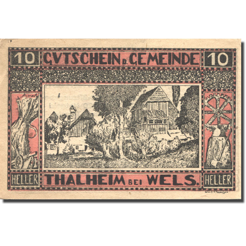 Banconote, Austria, Thalheim bei Wels, 10 Heller, village, 1920 SPL Mehl:FS 1066