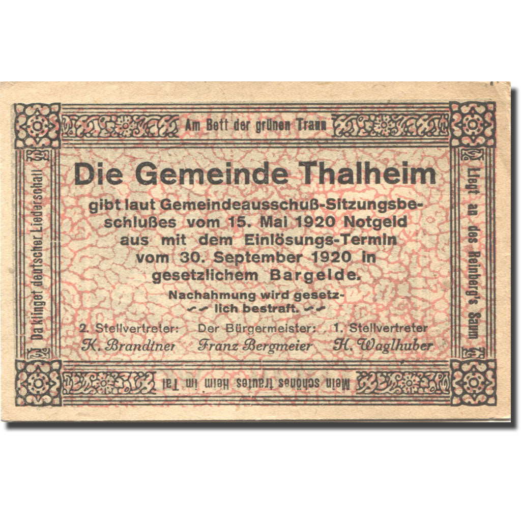 Banconote, Austria, Thalheim bei Wels, 10 Heller, village, 1920 SPL Mehl:FS 1066