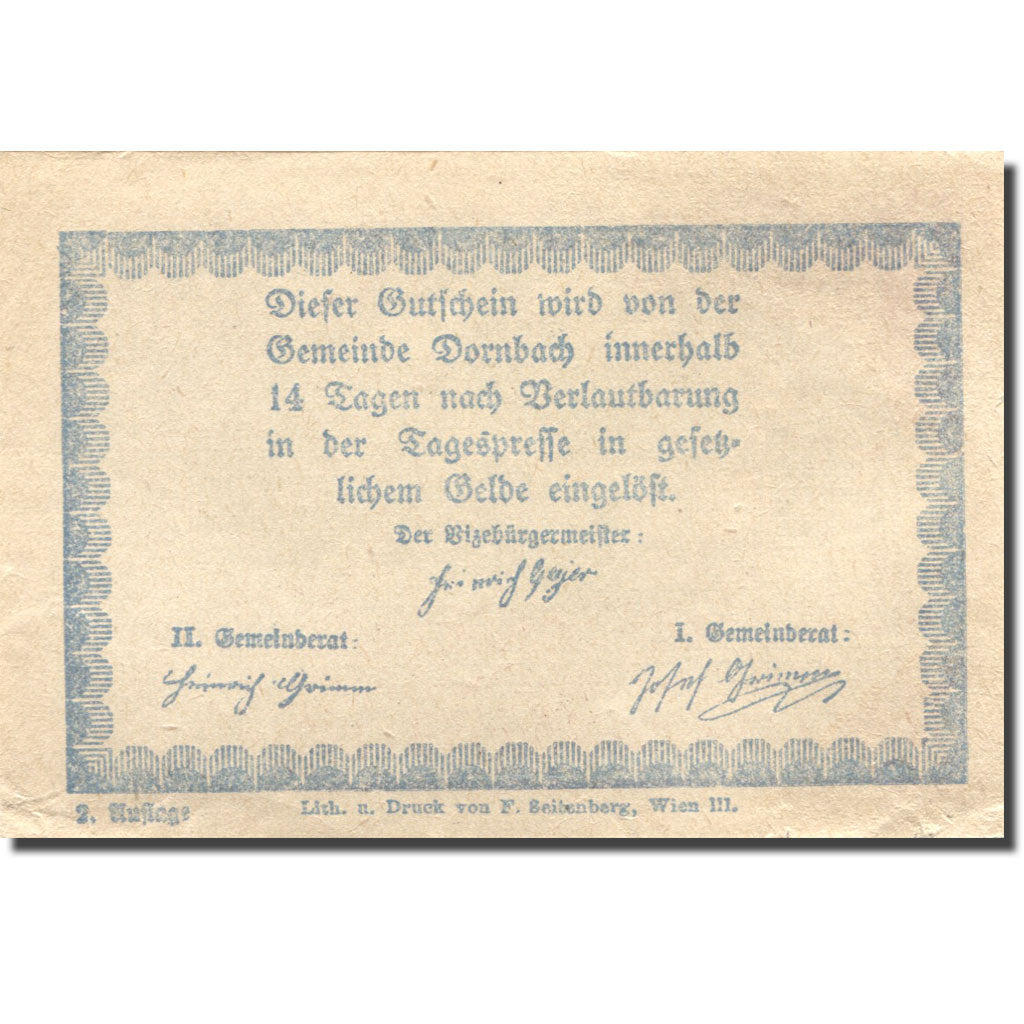 Biljet, Oostenrijk, Dornbach, 50 Heller, Eglise, SUP, Mehl:FS 132c
