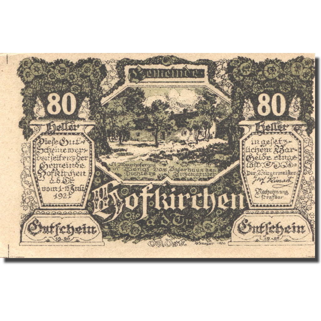 Geldschein, Österreich, Hofkirchen, 80 Heller, Blason, 1921 UNZ- Mehl:FS 385a