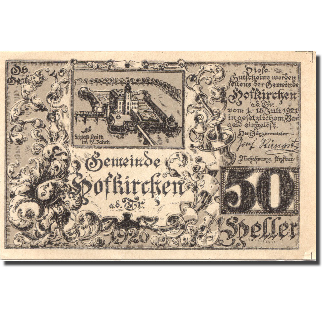 Banconote, Austria, Hofkirchen, 50 Heller, Blason 1, 1921 SPL Mehl:FS 385aF