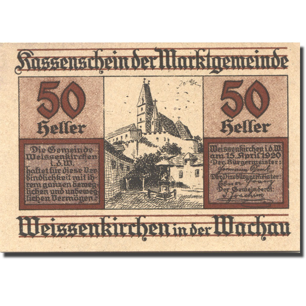 Geldschein, Österreich, Weissenkirchen 50 Heller Eglise 1920 UNZ Mehl:FS 1158IIa