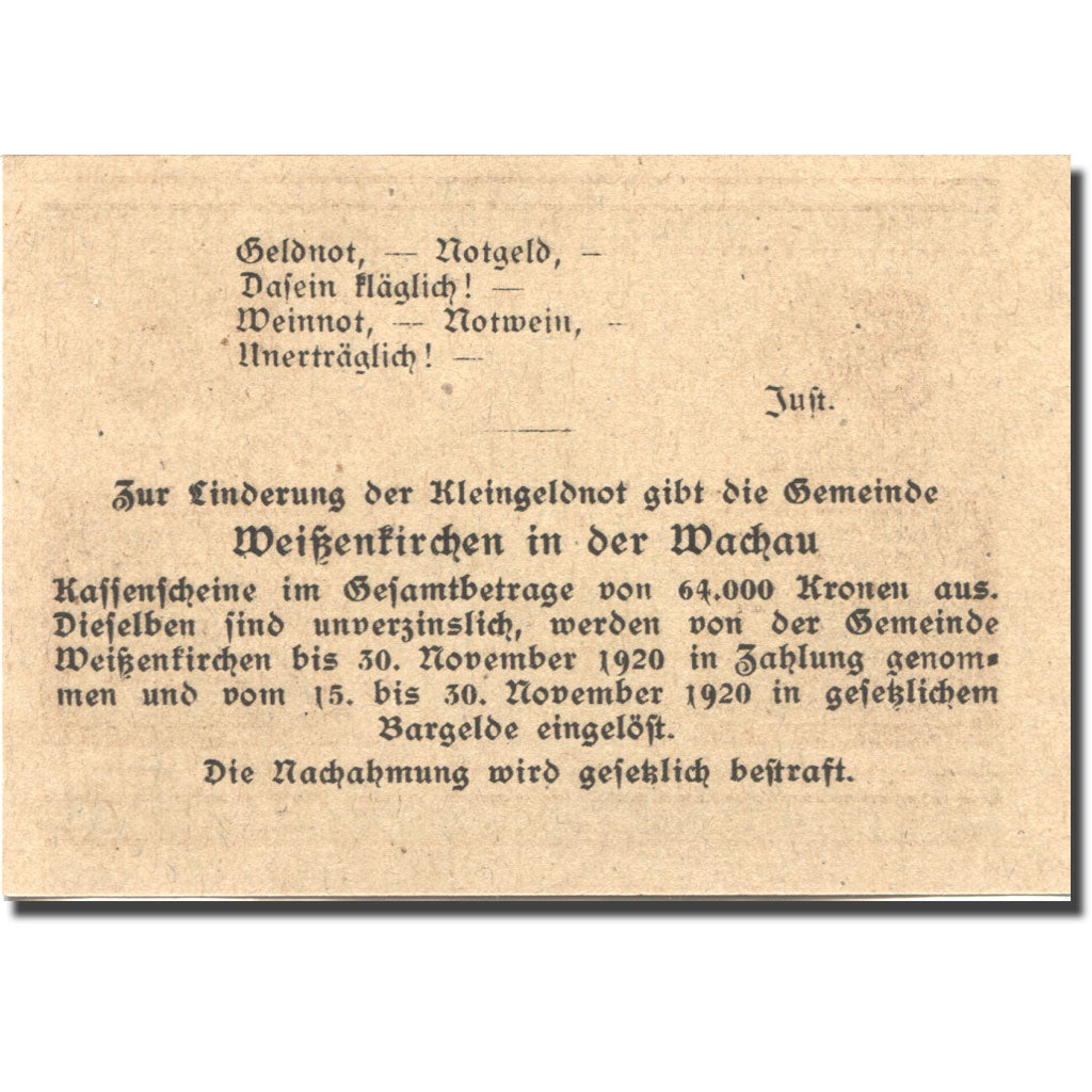 Geldschein, Österreich, Weissenkirchen 50 Heller Eglise 1920 UNZ Mehl:FS 1158IIa