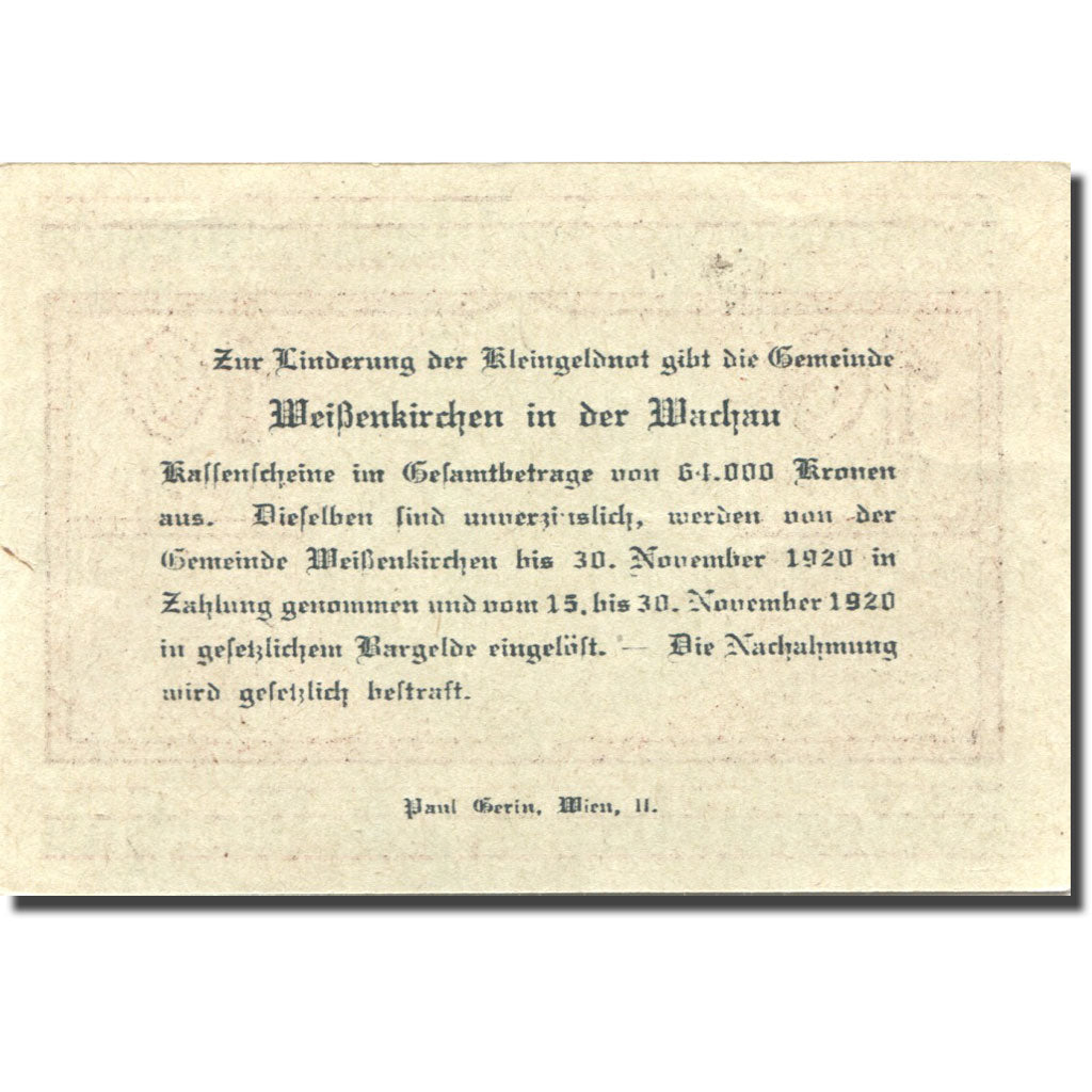 Banknot, Austria, Weissenkirchen, 10 Heller, village, 1920, 1920-11-30, UNC(63)