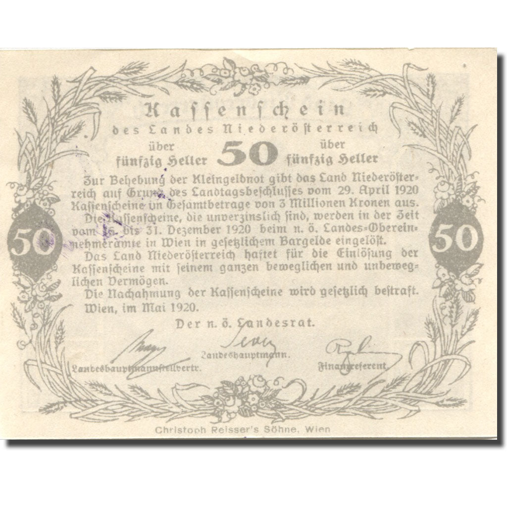 Billet, Autriche, Wien, 50 Heller, agriculteur 1920-12-31, SPL, Mehl:FS 671I