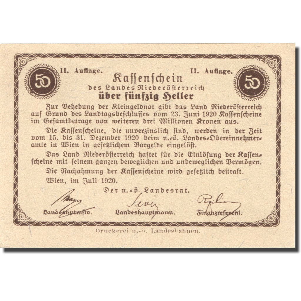 Nota, Áustria, Wien, 50 Heller, château 1,1920 UNC(63), Mehl:FS 671IIa