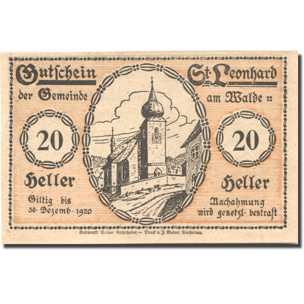 Banconote, Austria, St Leonhard am W,  20 Heller Eglise 1, 1920 SPL Mehl:FS 902c