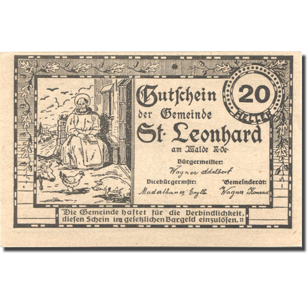 Banconote, Austria, St Leonhard am W,  20 Heller Eglise 1, 1920 SPL Mehl:FS 902c