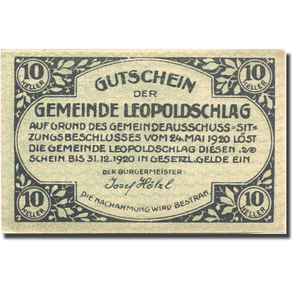 Geldschein, Österreich, Leopolschlag, 10 Heller, Monument, 1920 UNZ Mehl:FS 516