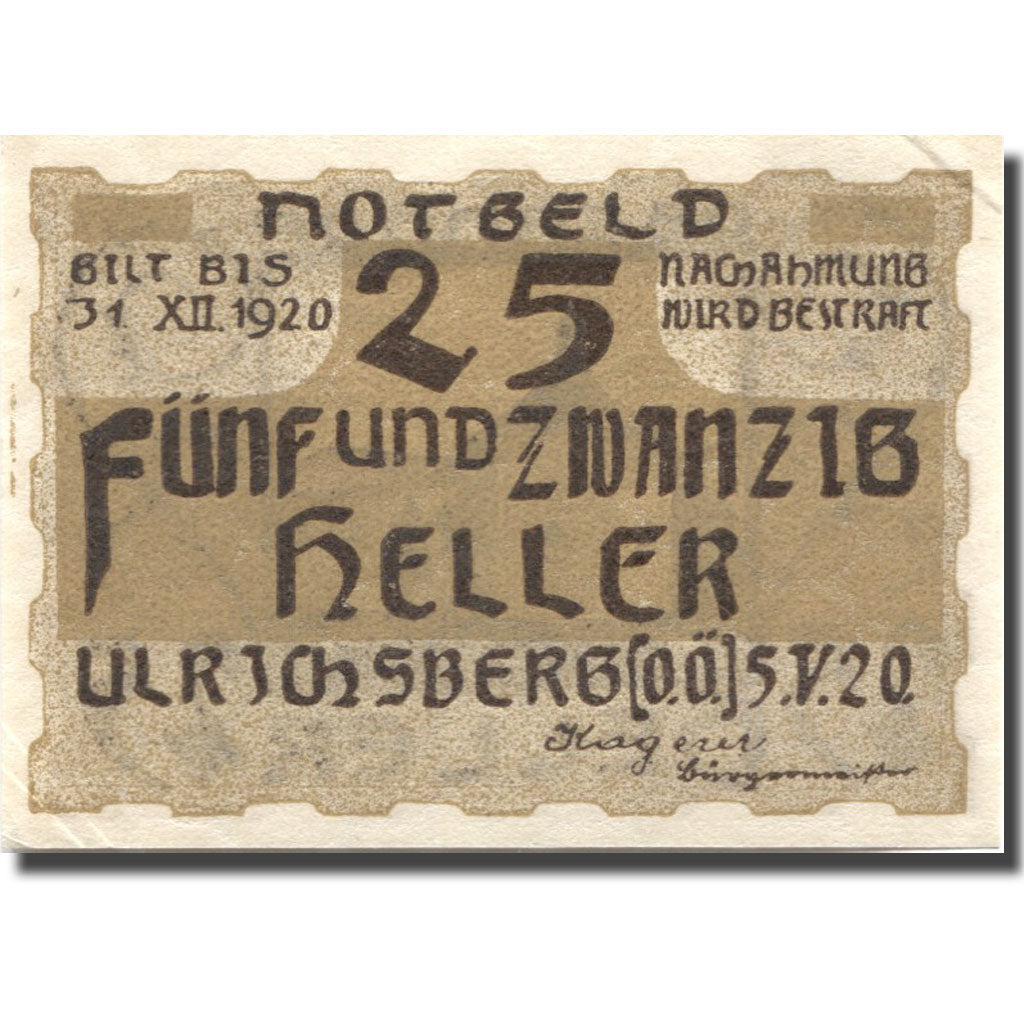 Banconote, Austria, Ulrichsberg, 25 Heller, Eglise, 1920 SPL Mehl:FS 1091a