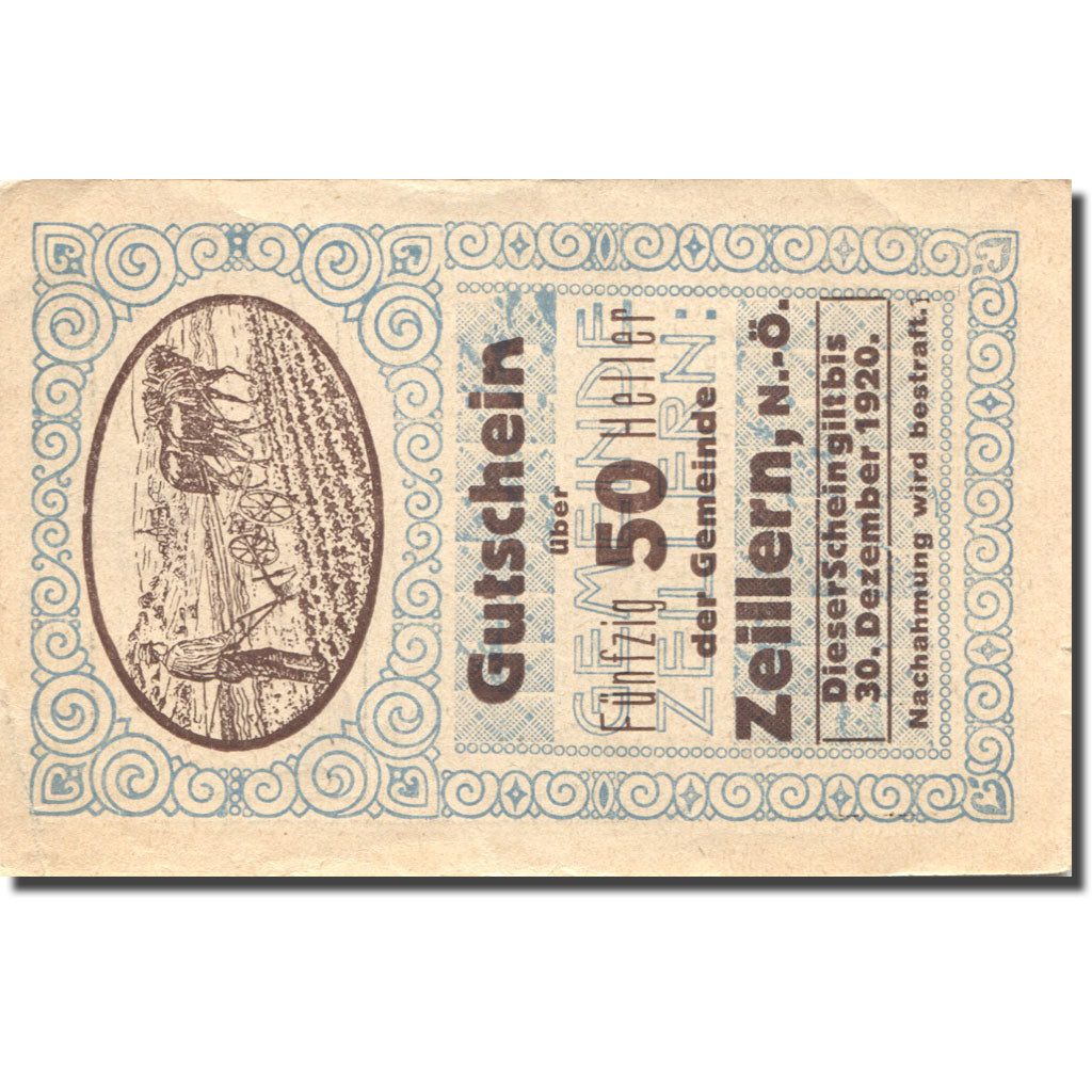 Banconote, Austria, Zeillern, 50 Heller, personnage, 1920 SPL Mehl:FS 1263b