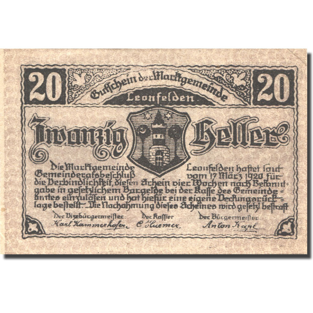 Banconote, Austria, Leonfelden, 20 Heller, Blason, 1920 SPL Mehl:FS 514