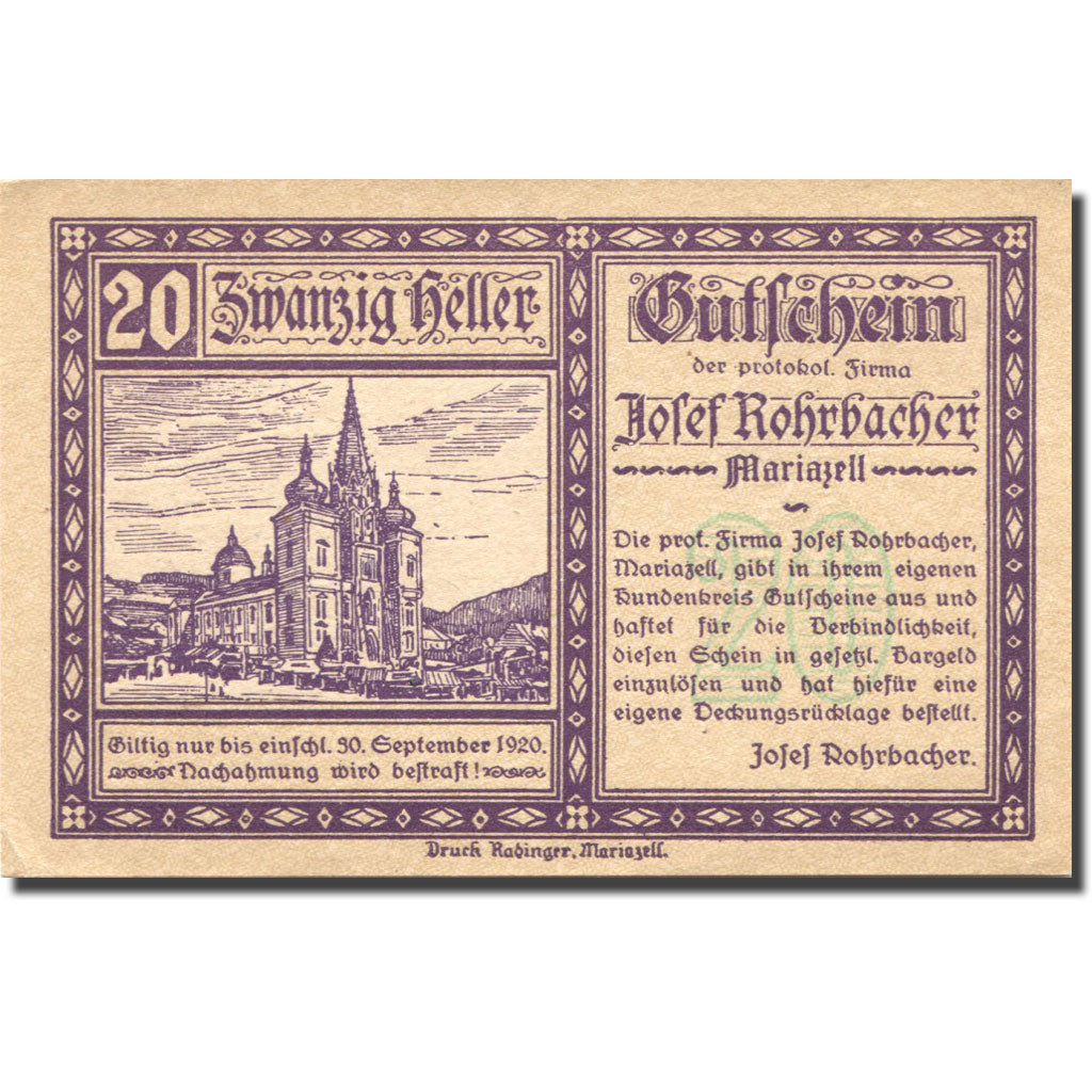 Banconote, Austria, Rohrbacher, 20 Heller, Eglise, 1920 SPL Mehl:FS 591a