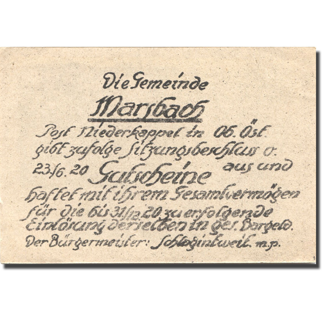 Geldschein, Österreich, Marsbach, 20 Heller, château, 1920 UNZ- Mehl:FS 592a