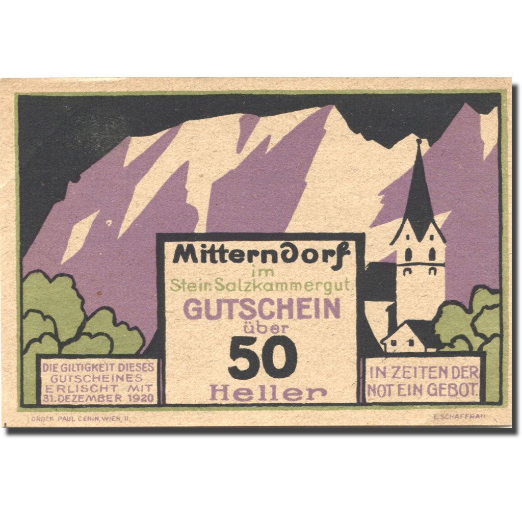 Billet, Autriche, Mitterndorf, 50 Heller, montagne, 1921 SPL Mehl:FS 621Ia