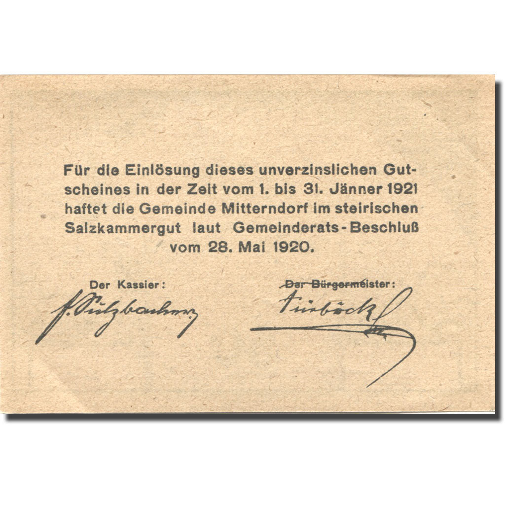 Billet, Autriche, Mitterndorf, 50 Heller, montagne, 1921 SPL Mehl:FS 621Ia