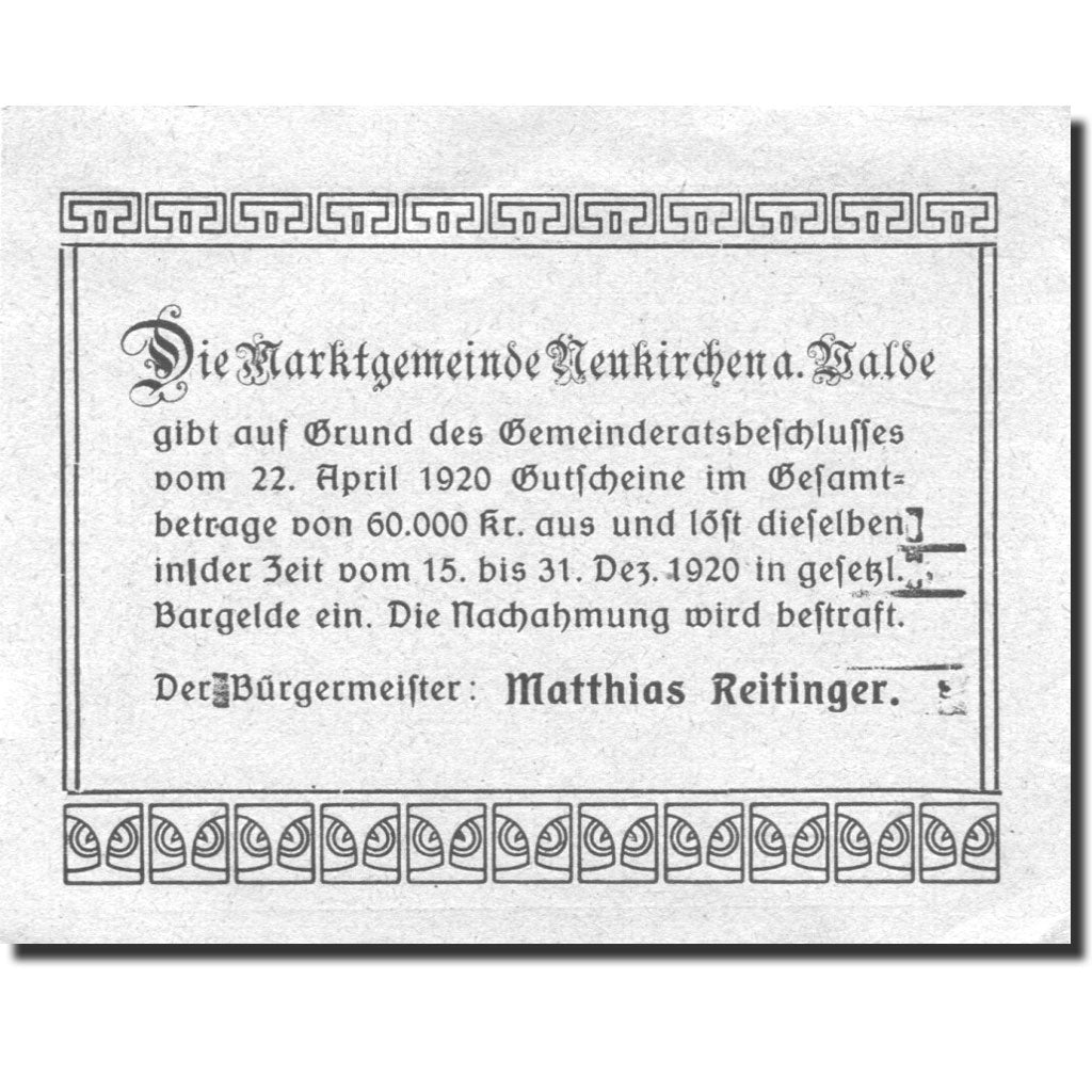 Geldschein, Österreich, Neukirchen, 50 Heller, Eglise, 1920 UNZ- Mehl:FS 655Ia