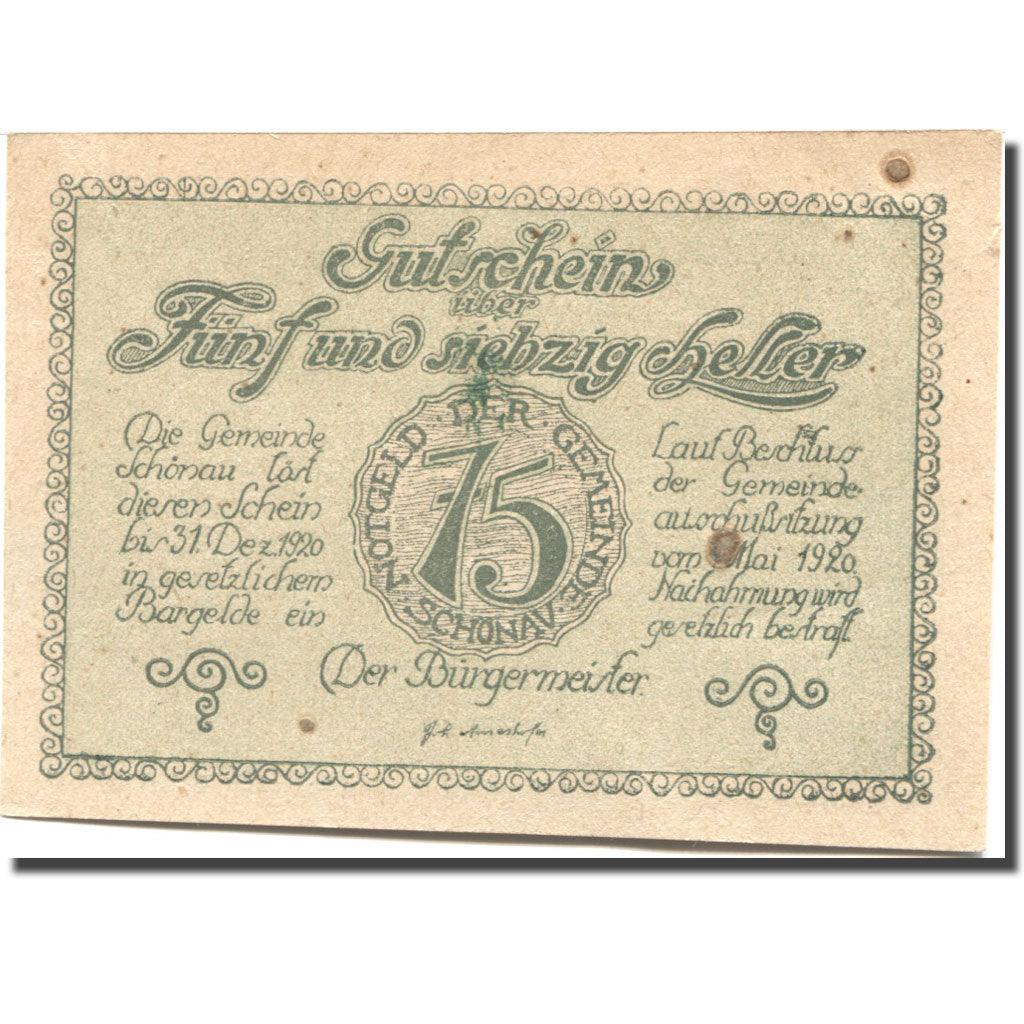 Banconote, Austria, Schonau, 75 Heller, paysage 1920-12-31, BB Mehl:FS 967b