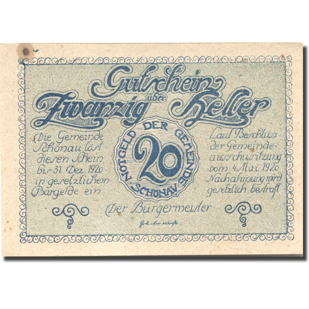 Nota, Áustria, Schonau, 20 Heller, agriculteur, 1920 AU(55-58) Mehl:FS 967a