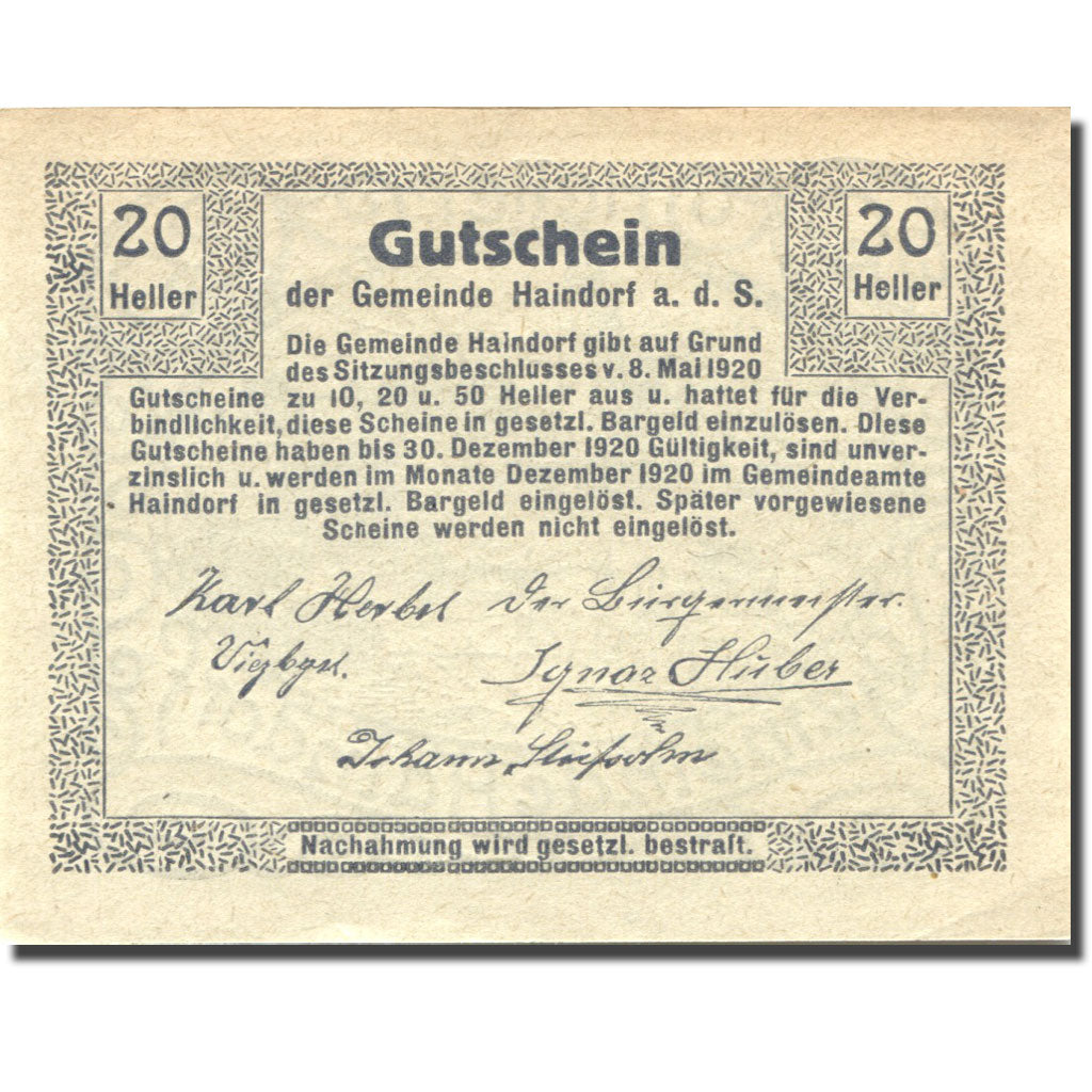 Billet, Autriche, Haindorf, 20 Heller, village 1920-12-30, SUP Mehl:FS 339