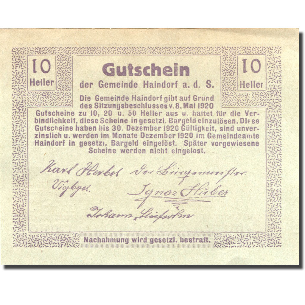 Nota, Áustria, Haindorf, 10 Heller, Eglise, 1920 AU(55-58) Mehl:FS 339