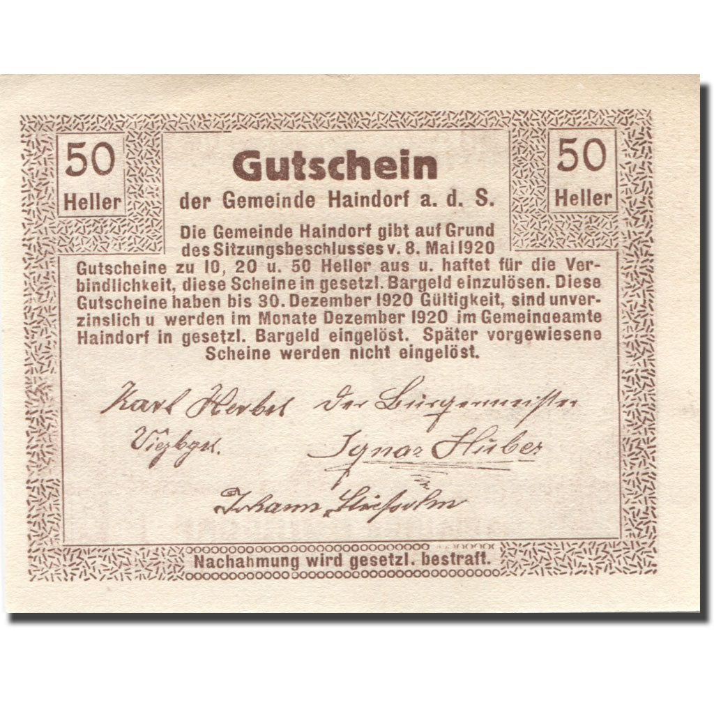 Billet, Autriche, Haindorf, 50 Heller, château 1920-12-30, SUP+, Mehl:FS 339