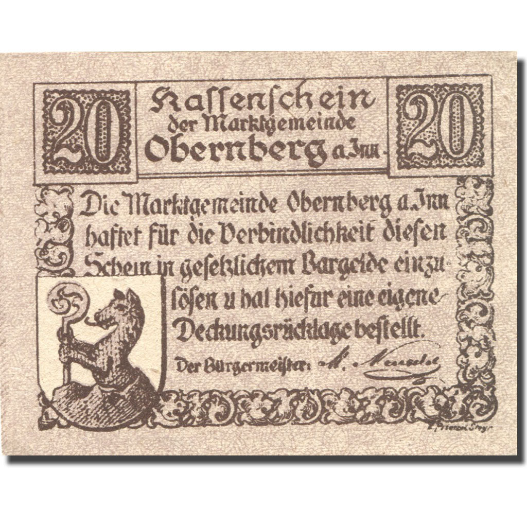 Banconote, Austria, Obernberg, 20 Heller, Blason 1920-03-20, SPL Mehl:FS 686Ia
