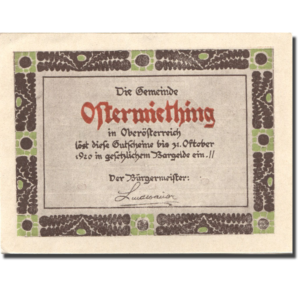 Banconote, Austria, Ostermiething, 50 Heller, village, 1920 SPL Mehl:FS 713