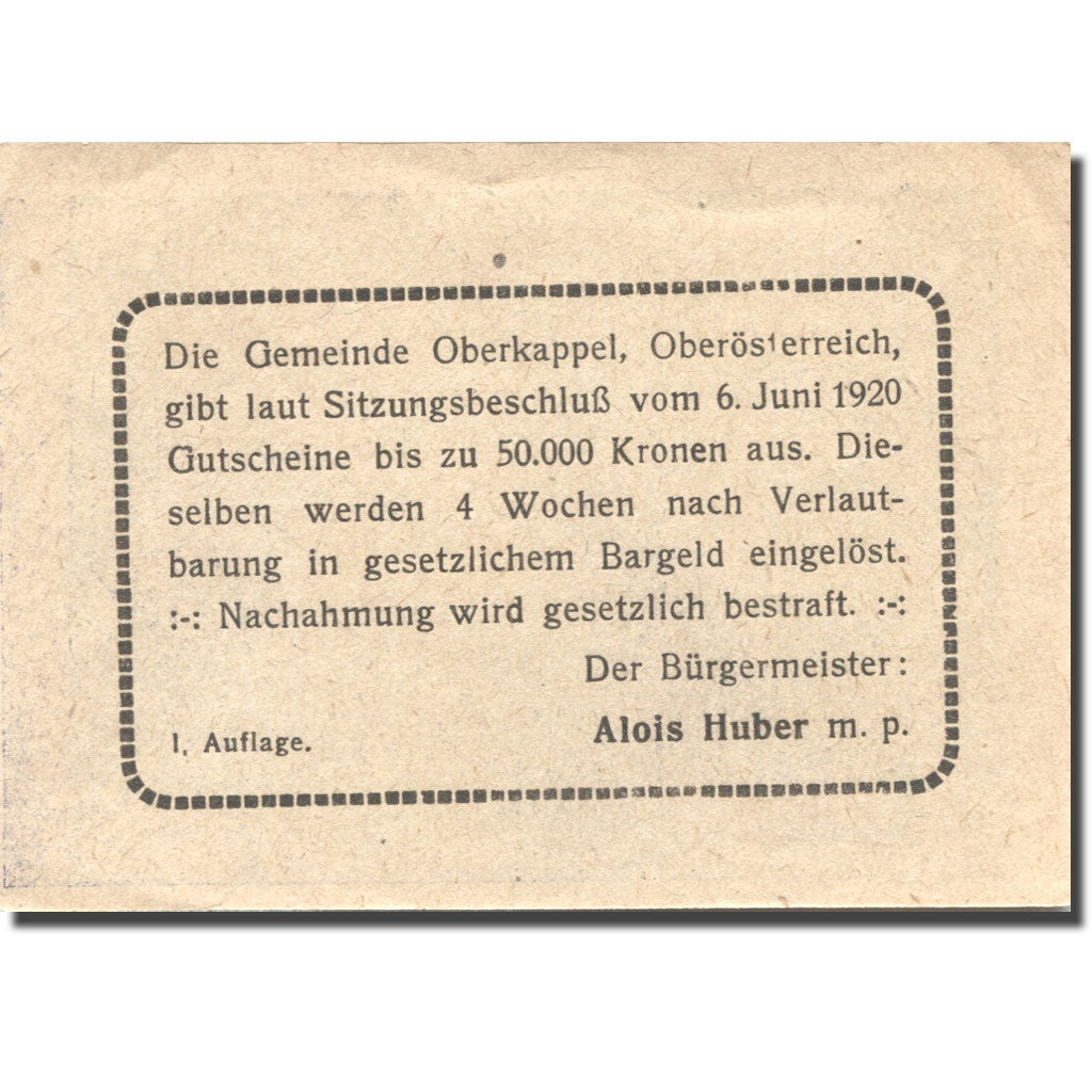 Banconote, Austria, Oberkappel, 50 Heller, village, 1920 SPL Mehl:FS 684a