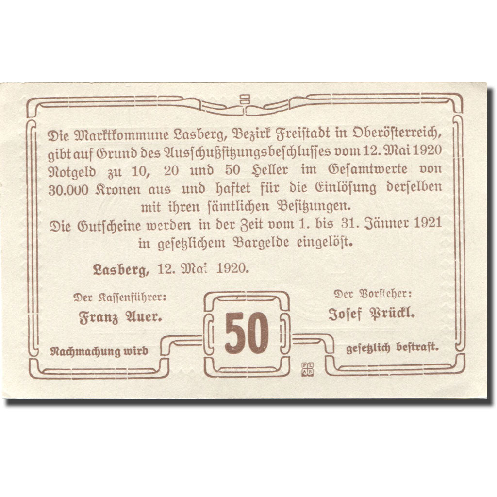 Banconote, Austria, Lasberg, 50 Heller, château 1921-01-31, SPL Mehl:FS 505a