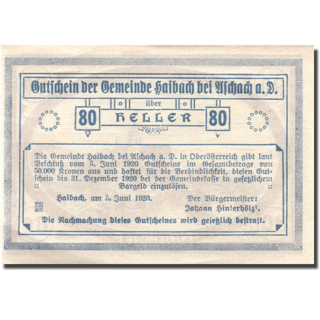 Banconote, Austria, Aschach 80 Heller, village, 1920 SPL Mehl:FS 332IIb