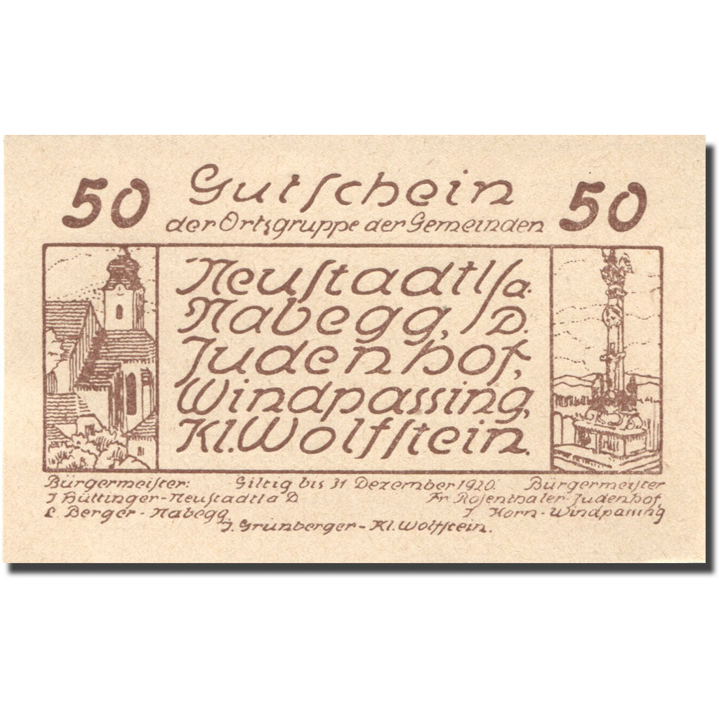 Geldschein, Österreich, Neustadt, 50 Heller, Eglise, 1920 UNZ- Mehl:FS 665e