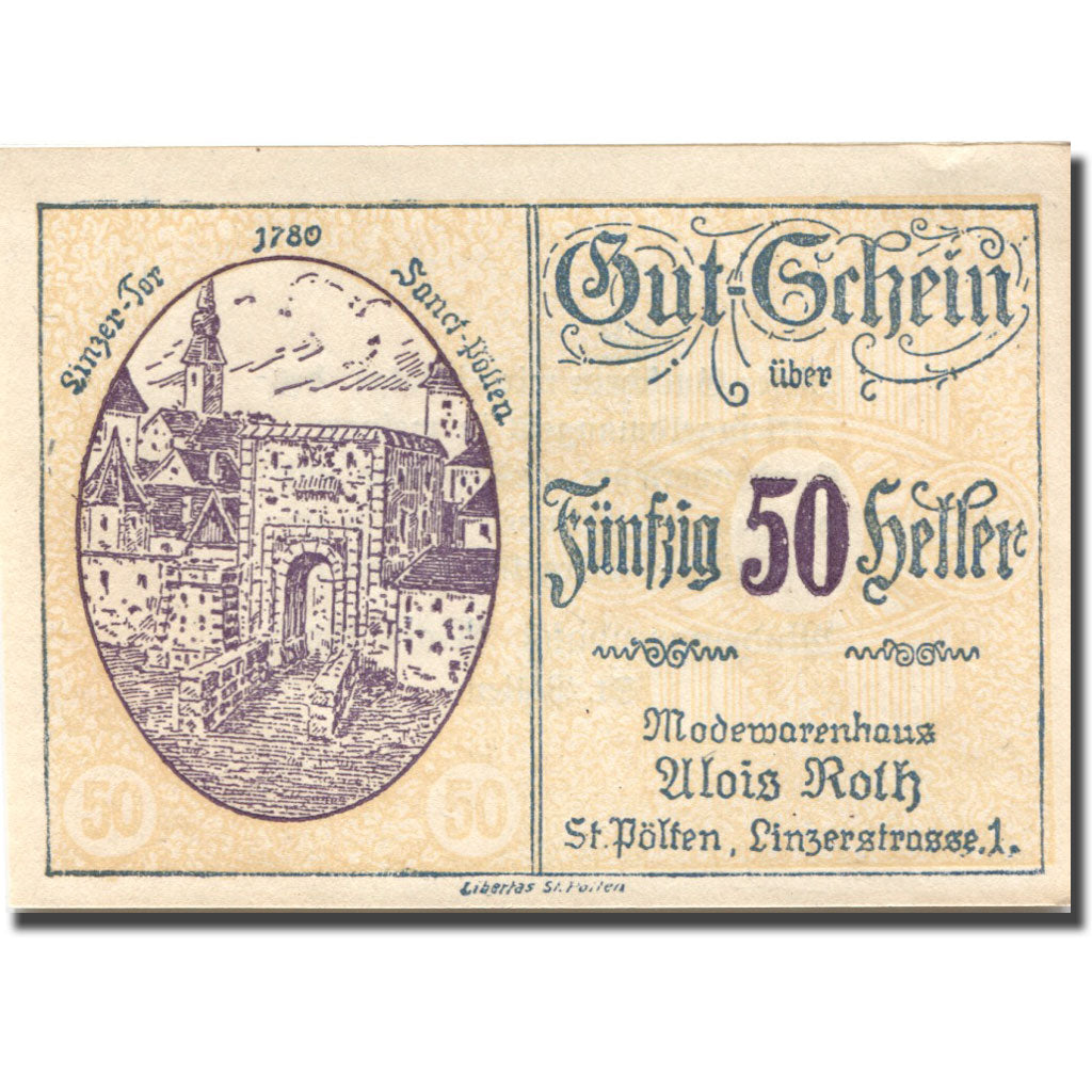 Banconote, Austria, St Pölten, 50 Heller, château, 1920 SPL Mehl:FS 933II