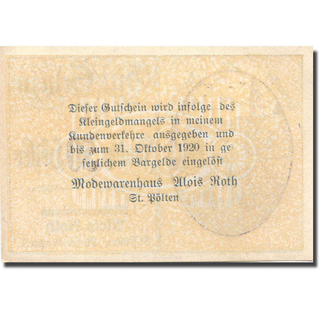 Banconote, Austria, St Pölten, 50 Heller, château, 1920 SPL Mehl:FS 933II