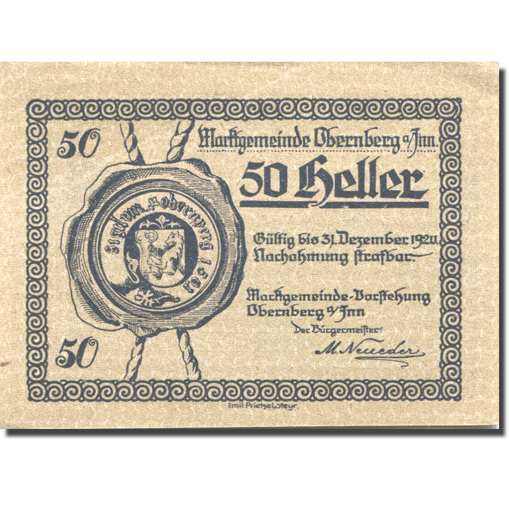 Banknot, Austria, Obernberg, 50 Heller, village, 1920, 1920-12-31, AU(55-58)