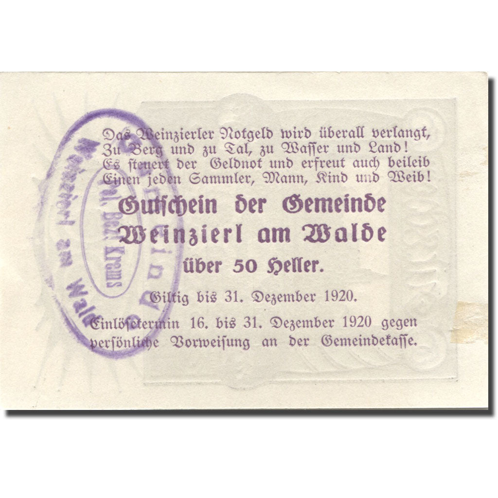 Billete, Austria, Weinzierl, 50 Heller, village, 1920 EBC Mehl:FS 1153